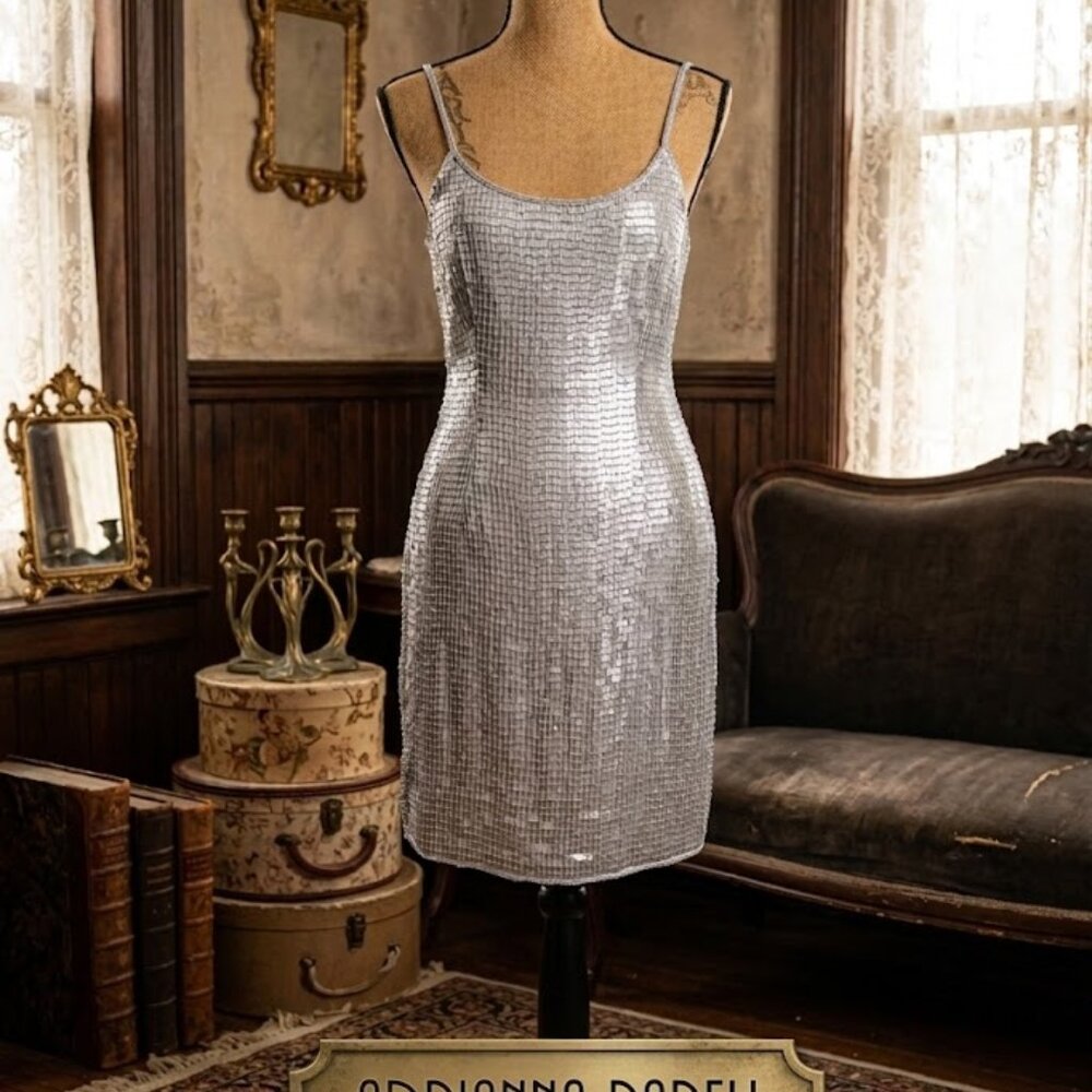 Vintage Papell Boutique NEW Silver Sleeveless Sequin Beaded Silk Slip Dress P6